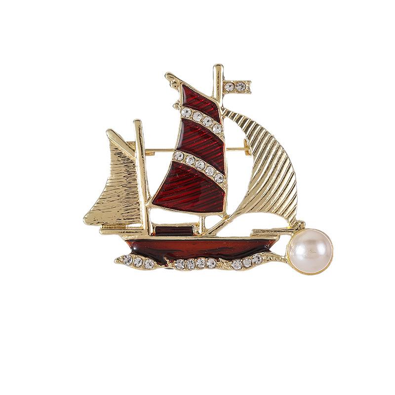 Exquisite Rhinestone Blue Sailboat Brooches For Women Men Elegant Luxury Pearl Boat Brooch Pins Office Party Jewelry Gifts