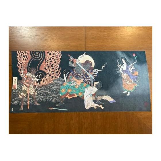 Tsukioka Yoshitoshi's "Miraculous Auspicious Omens" Ukiyo-e Tenugui (Japanese Towel) - Made in Japan, Featuring a Tense Triptych from Yoshitoshi's