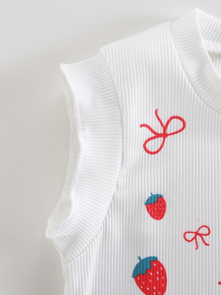 Two piece girls' casual cute and sweet strawberry bow printed vest paired with playful strawberry embroidery retro blue denim shorts set