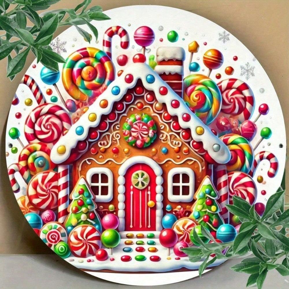 1pc Christmas Gingerbread House Metal Sign, Holiday Round Tin Plate Wall Art, Vintage Candy Decor for Home Bar Cafe