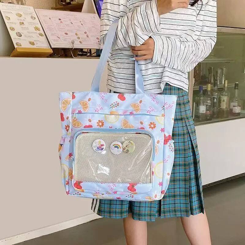 

Y2k New Ita Bag Sweet Girl Transparent Bag Women Large Capacity Casual Tote Bag Ins Travel Shoulder Bag Cute DIY Display Handbag 35x32x10cm синий