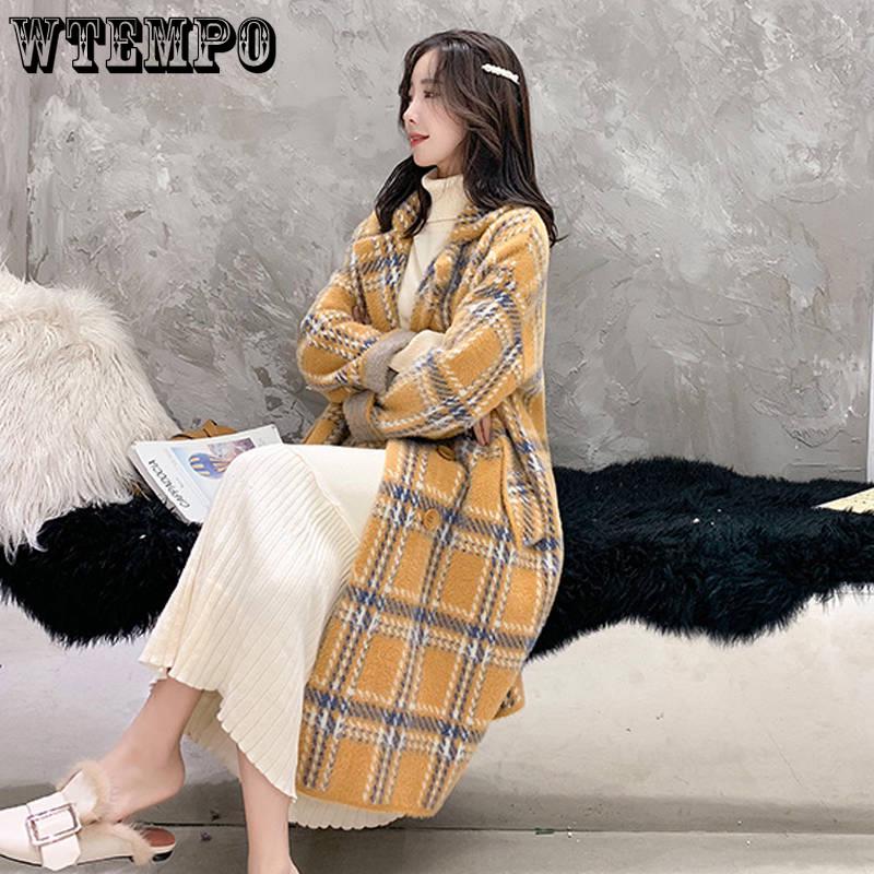 Women's Coats and Jackets Fashion Women's Plaid Double-Breasted Woolen Coat Ladies Overcoat