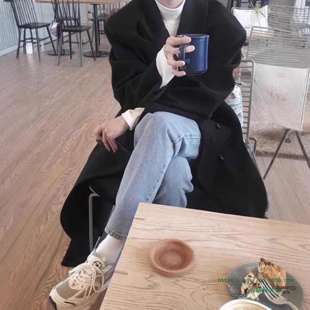 Men's Double-Breasted Wool Coat - British Korean Style, Mid-Length, Autumn/Winter Fashion