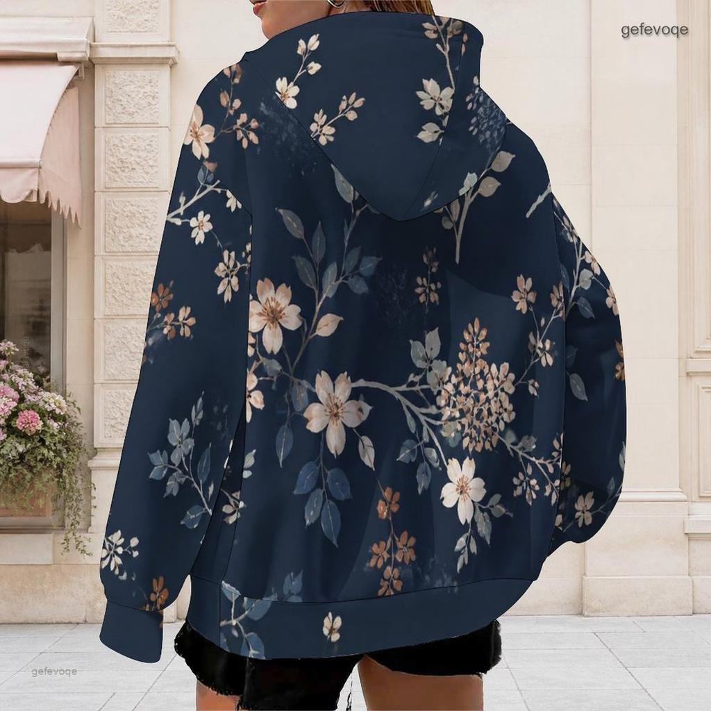 Women Plus Size Black Floral Print Zip Up Long Sleeve Drawstring Hoodie With Pockets