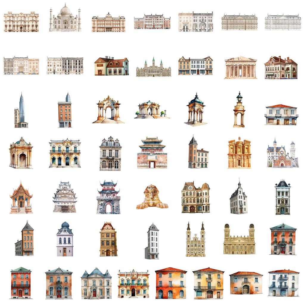 50 Sheets of Architectural Series Graffiti Stickers for Mobile Phones and Computers, Waterproof Decorative Stickers, Creative DIY Stationery Stickers