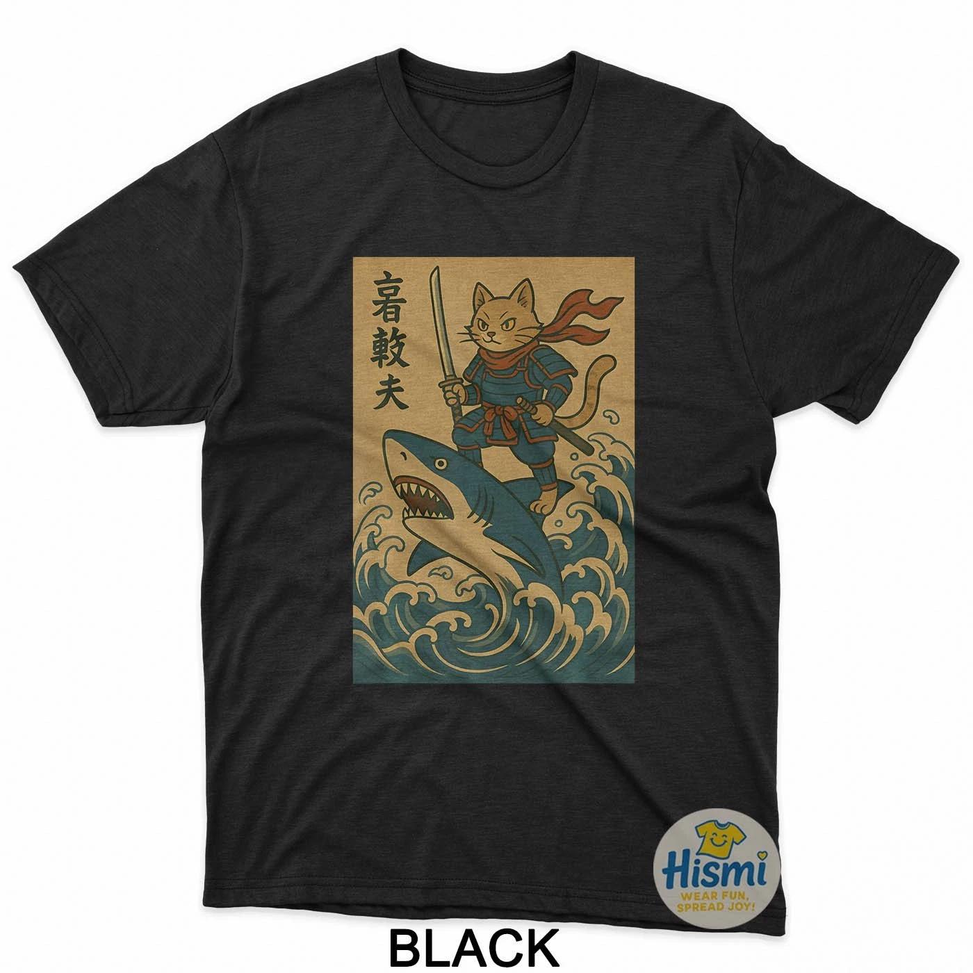 Vintage Japanese Anime Cat Samurai Riding Shark Great Wave T-Shirt M
