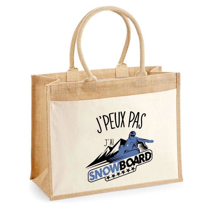 Sac de plage - PLANETEE - Jute avec poche Snowboard Moderne J'peux pas - Coton - Multicolore - 43x33 cm