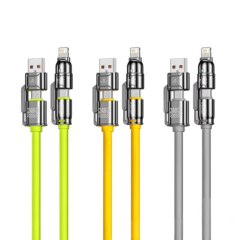 4 In 1 240W Fast Charging Data Cable, Dual Type-C Lightning USB Multi Port Phone Charger Cable for iPhone Samsung Huawei Xiaomi