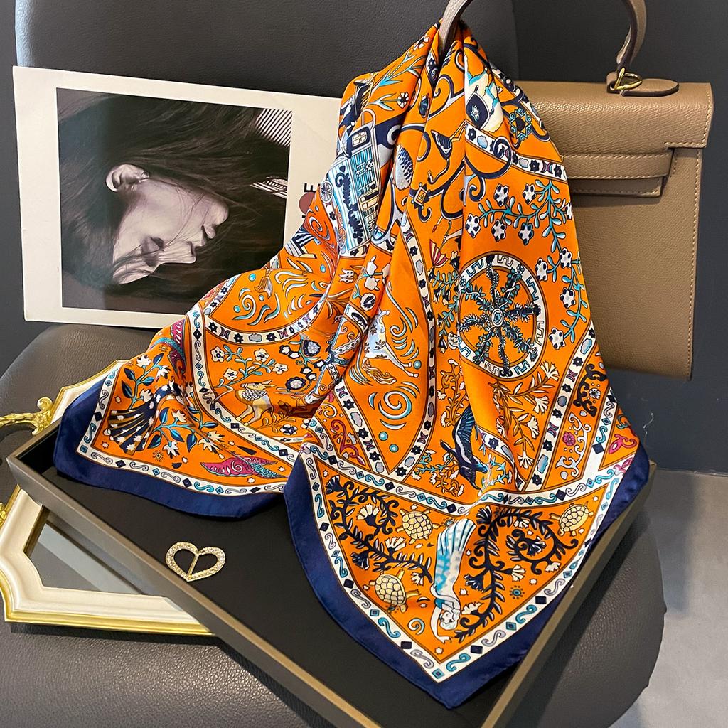  Luxury Floral Print Silk Square Scarf Women Soft Satin Kerchief Hairband Head Hijab Lady Headband Foulard Bag Ribbon