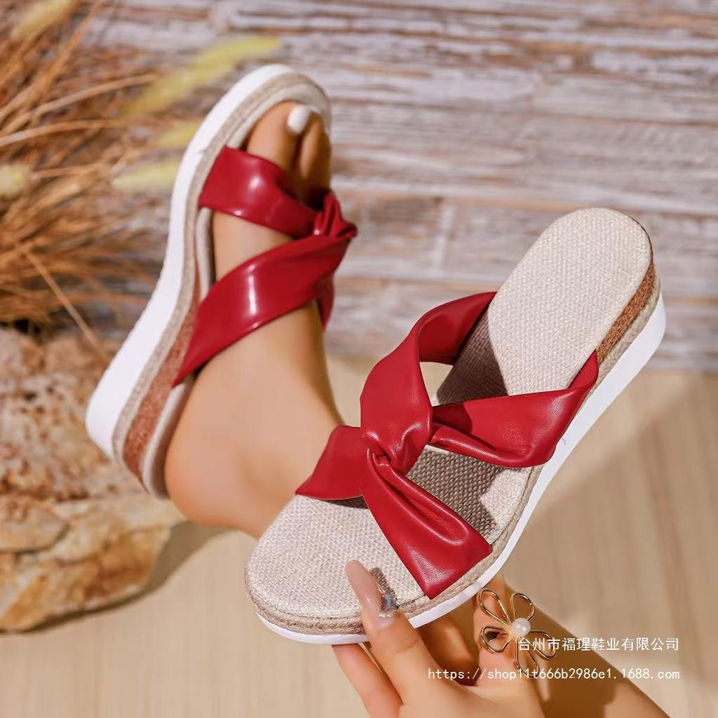 European and American large size slope heel slippers fashionable versatile bow 2025 new casual beach slippers women