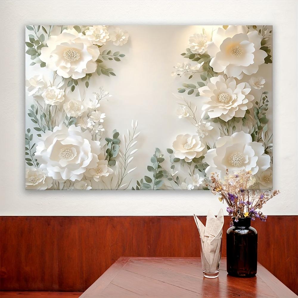 An elegant white floral polyester wall decoration - clustered flowers and green leaves with an elegant floral design