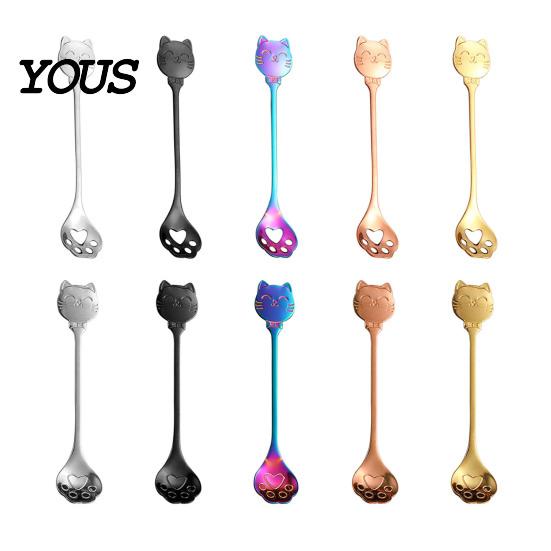 Cute Cat Paw Spoon Coffee Spoon, Stainless Steel Claw Teaspoon, Embossed Design Multi-Color Electroplated Stirring for Ice Cream Yogurt