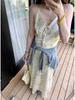 Women's French Style Floral Sleeveless V-Neck Maxi Dress with Spaghetti Straps, Cinched Waist, and A-Line Skirt