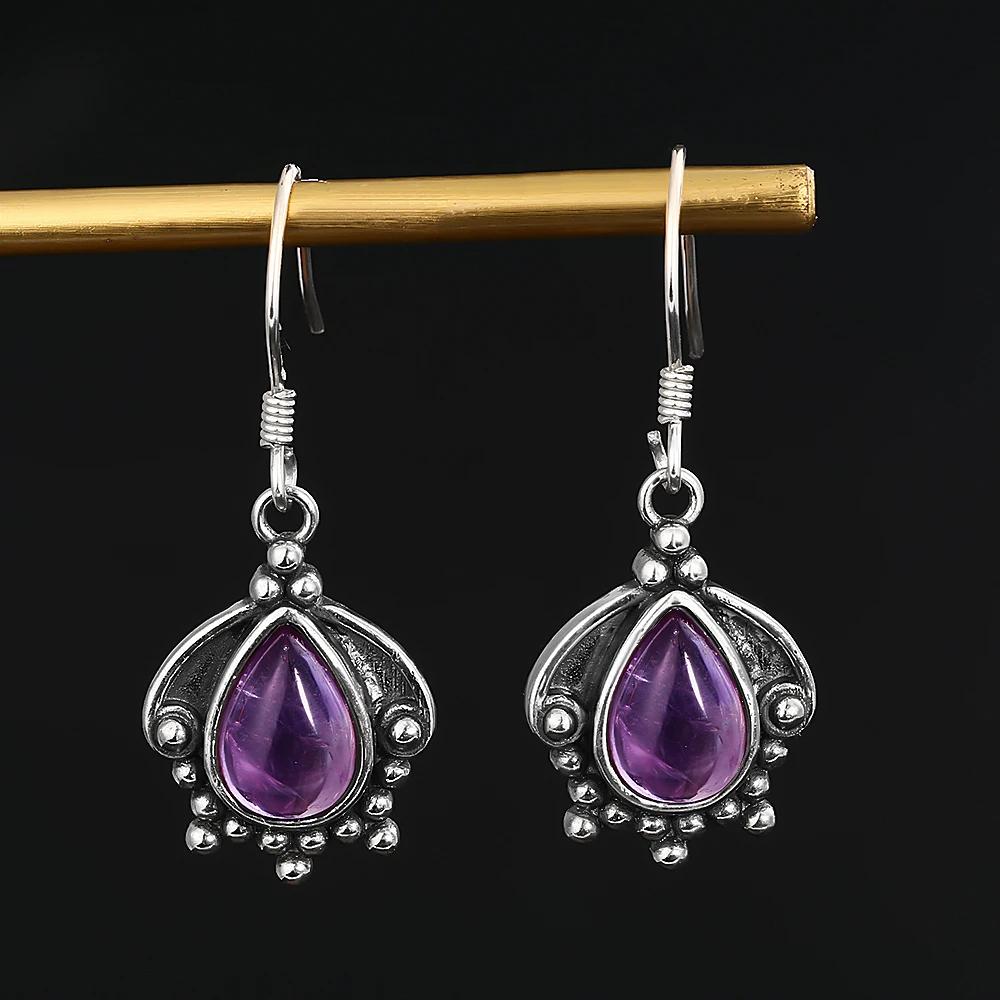 QIBAOKU Silver Drop Earrings 7X9MM Natural Amethyst Charoite Vintage for Women Party Anniversary Gifts Wholesale
