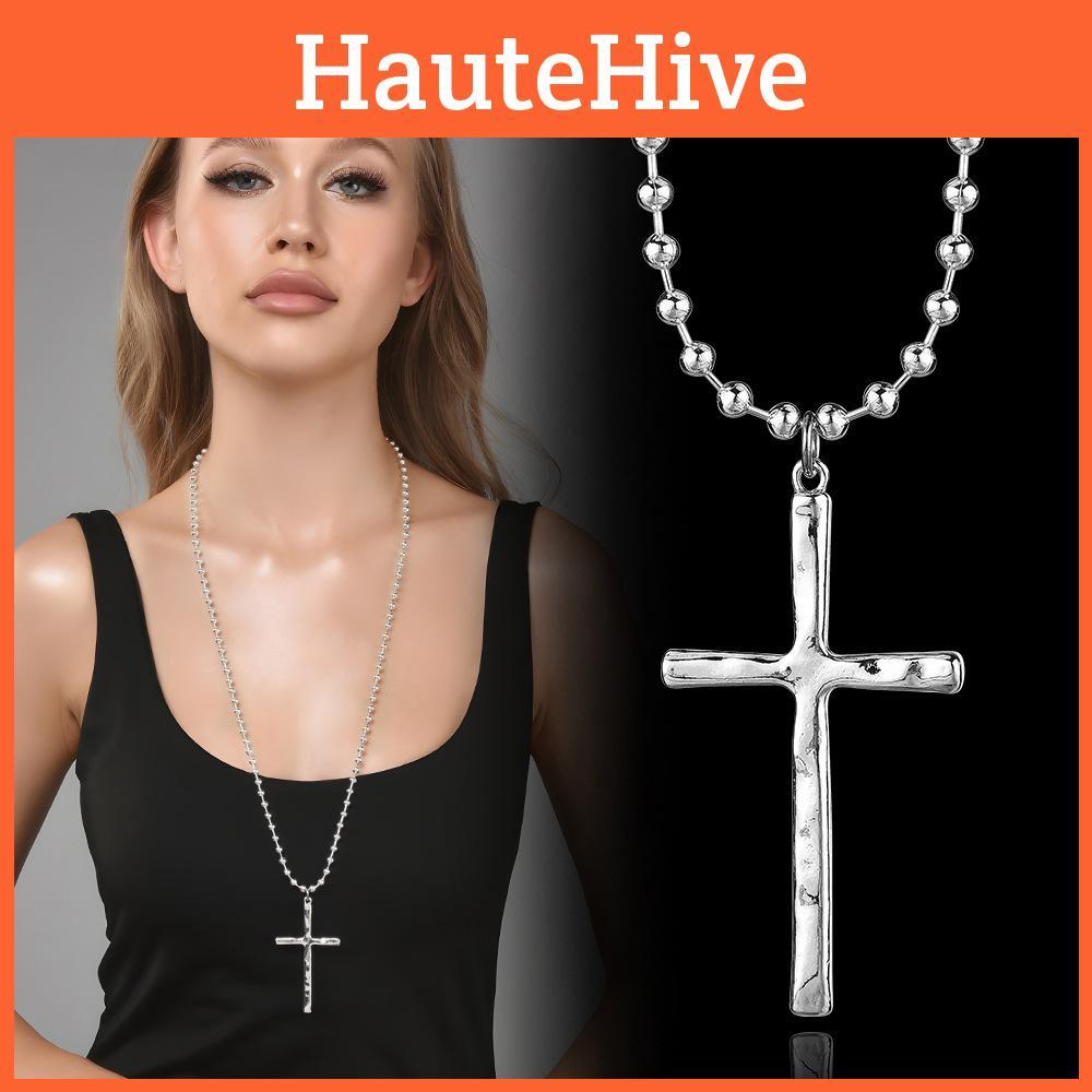 Geometric Beaded Chain Necklace With Cross Pendant For Unisex Fashion Jewelry