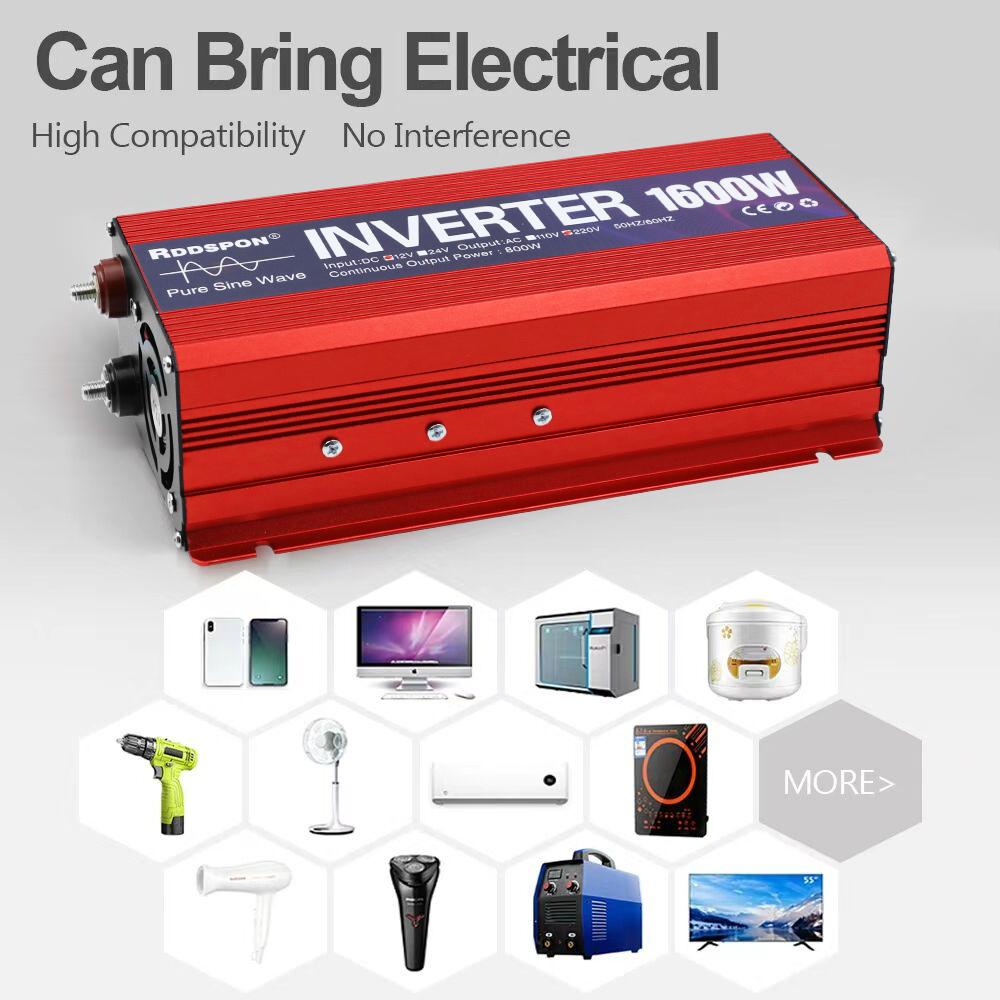 Solar Car Inverters Pure Sine Wave Inverter Portable Multiple Protection 1600W Off Grid Power Converter 12V to 220V for Car Home Laptop Truck