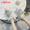Aphixta Luxury Pearl Dimonds Flowers Rhinestone Platform Slippers Women Crystals Slides Women Shoes Wedge String Bead Slides