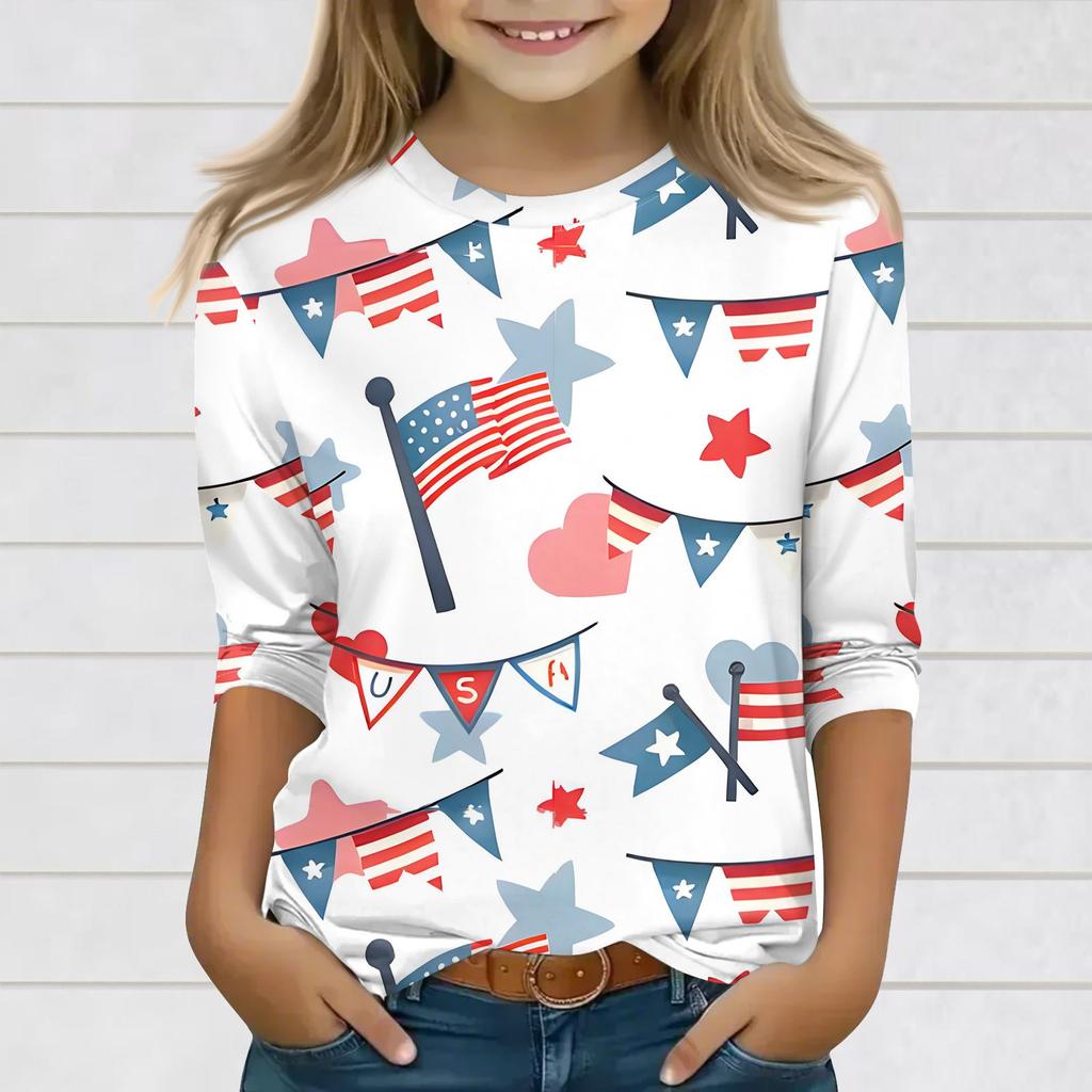 Print Tops For Youth Girls 3-10 Years Round Neck 3/4 Sleeves T-Shirts Trendy Tops Outfit Tees