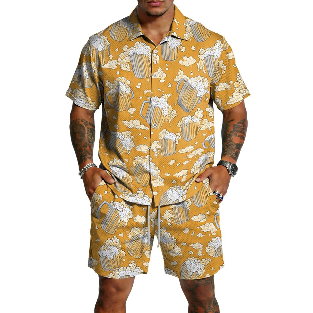 Conjunto de 2 piezas para hombre: Top casual ligero y transpirable de manga corta con estampado y pantalones cortos con cordón para verano