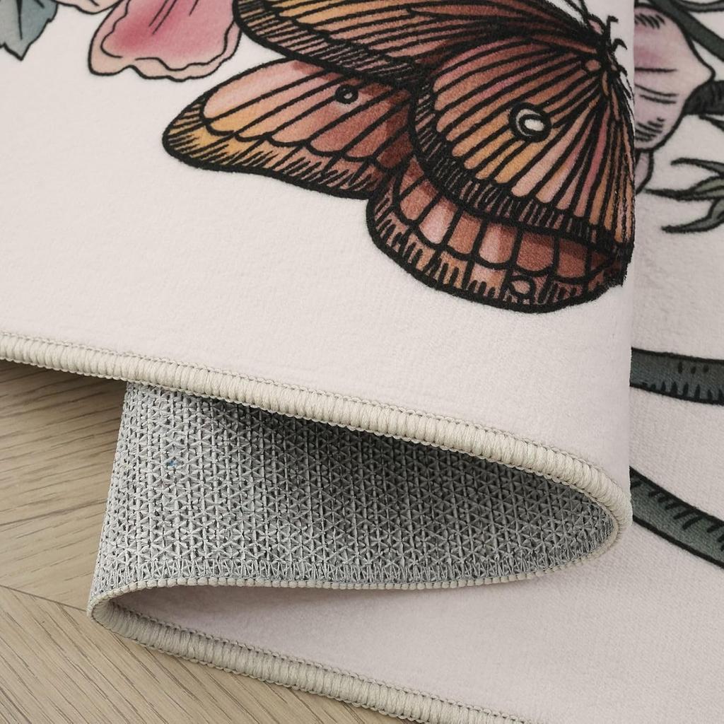 Round Rug Washable Circle Rug Non Slip Low Pile Boho Floral Butterfly Small Circular Rug for Bedroom Bathroom Entryway Kids Room