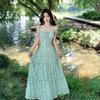 French Temperament Cold Feeling Green Floral Suspender Dress Women's Design Feeling Waist and Thin Seaside Vacation Dress