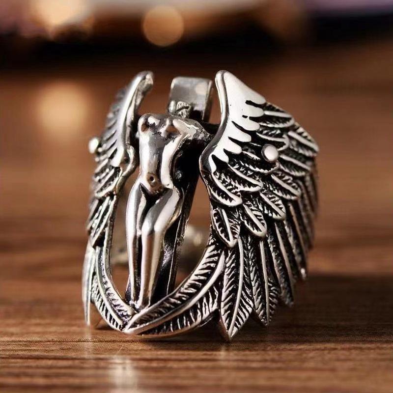 European and American Style Men's Ring Cross Angel Wings Trendy Domineering Fashion Simple Open Ring