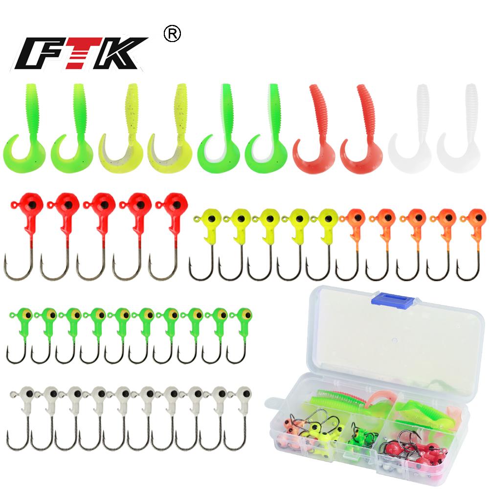 FTK 45PCS Soft Fishing Lures Kit Silicone Lure Set Artificial Bait Worm with Crank Jig Head Hook Fishing Tackle Set with Box
