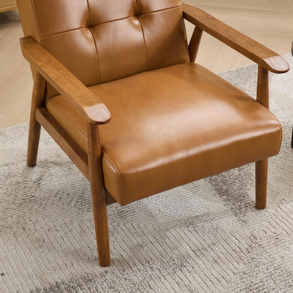 Genuine Leather Lounge Chair with Walnut-Colored Armrests & Rubberwood Legs – Comfortable Living Room Chair In Light Brown
