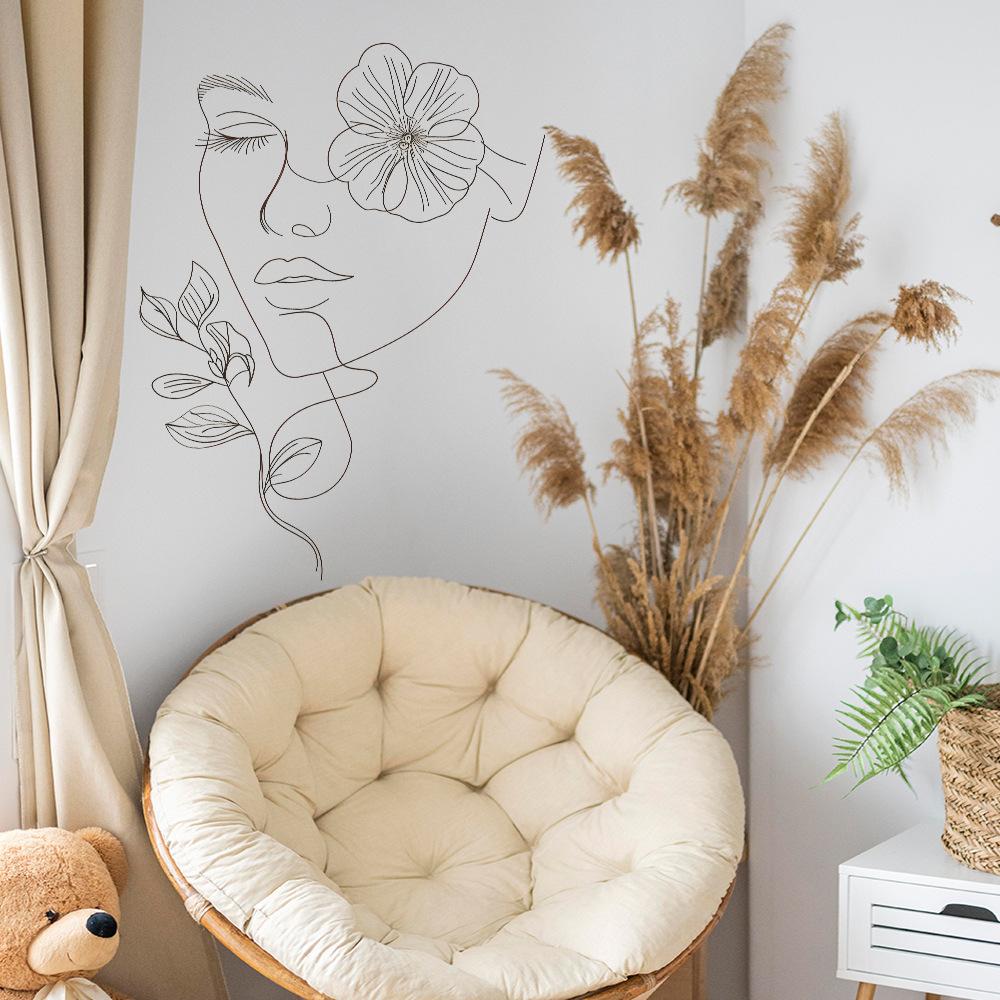 Minimalist Hand-Drawn Line Art Woman Wall Sticker Self-Adhesive Removable for Bedroom Living Room Background Wall Decoration