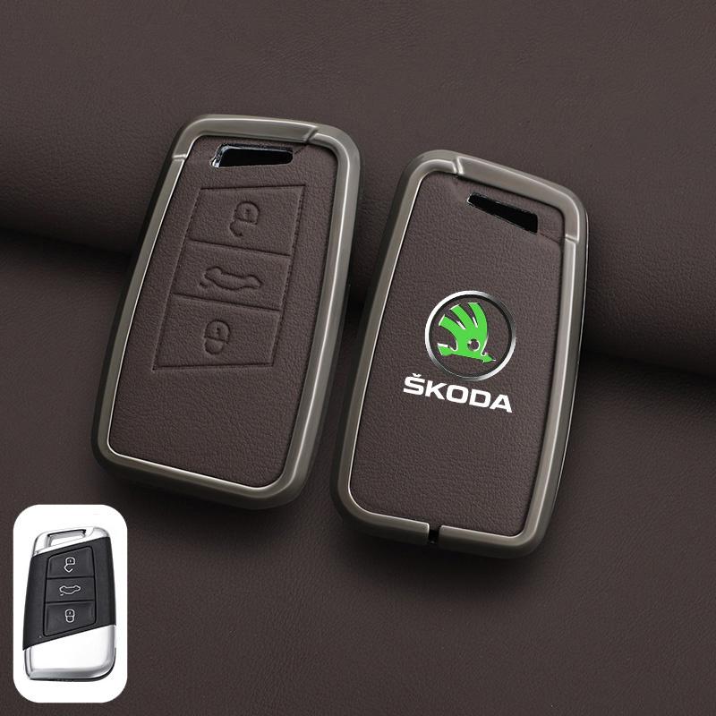 XOWS7 Zinc Alloy Leather Car Remote Key Case Cover Protector Shell Fob For Skoda Superb A7 Kodiaq Octavia A7 A8 Keychain Accessories