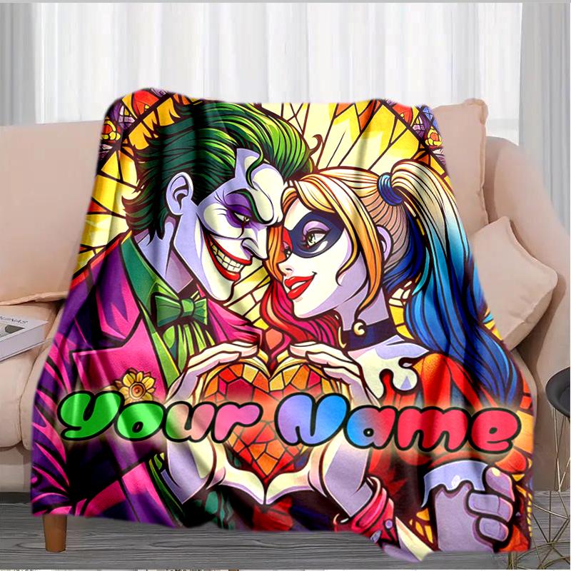 1PC Custom Name "Joker Harley's Love Story" flannel blanket versatile,all-season throw suitable for the living room,bedroom,camping,travel,and gift