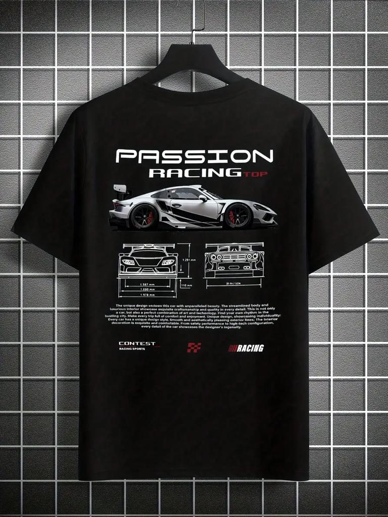 Herren Passion Racing Grafik T-Shirt Weiß Lässig Kurzarm Rundhals mit Vorder- und Rückseite Auto Design Leicht Atmungsaktiv