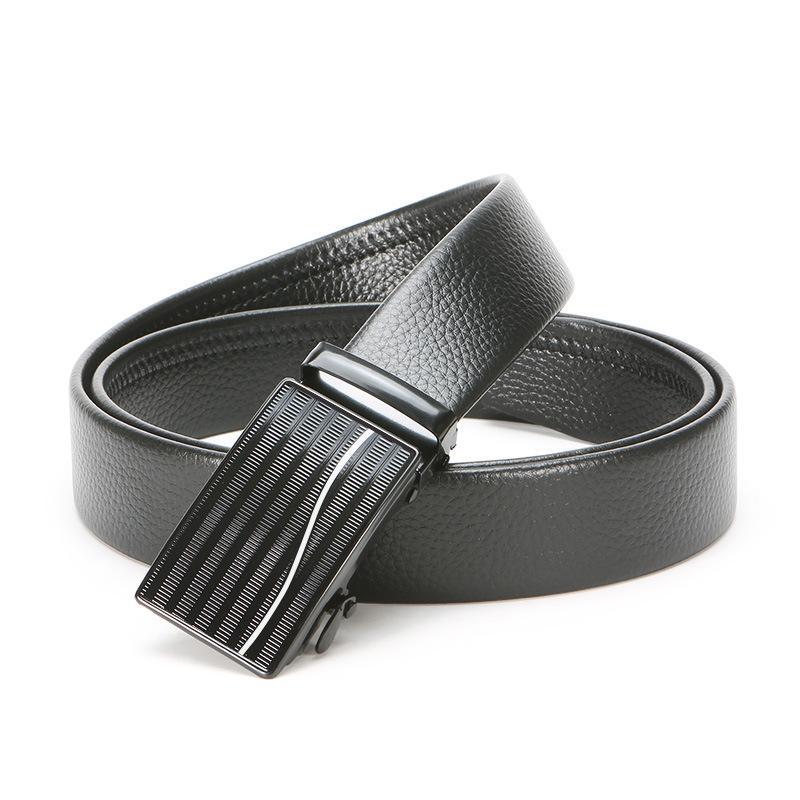 Men'S Automatic Buckle Iron Buckle Hemming Lychee Pattern Black Belt Middle-Aged And Young Business Belt