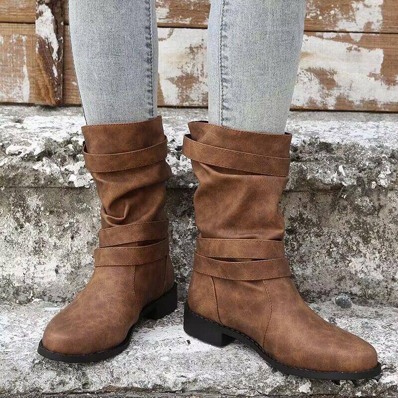 Women's boots autumn and winter new retro buckle pleated low heel medium boots women's large size Martin boots women