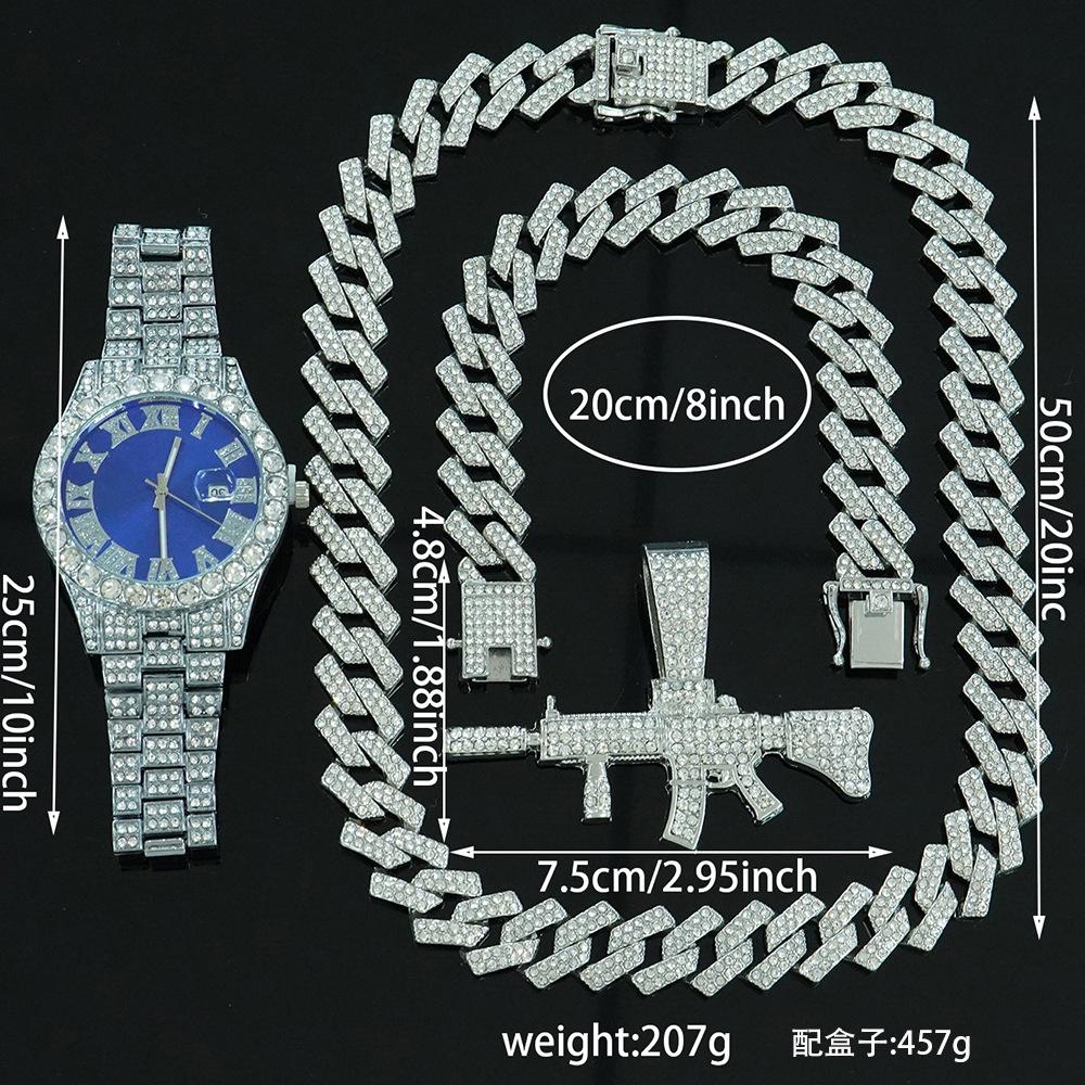 Hip Hop Persönlichkeit Pistolenanhänger Kubanische Kette Halskette Armband Uhr Set Modisches und Vielseitiges Herrenschmuck Geschenkbox Set
