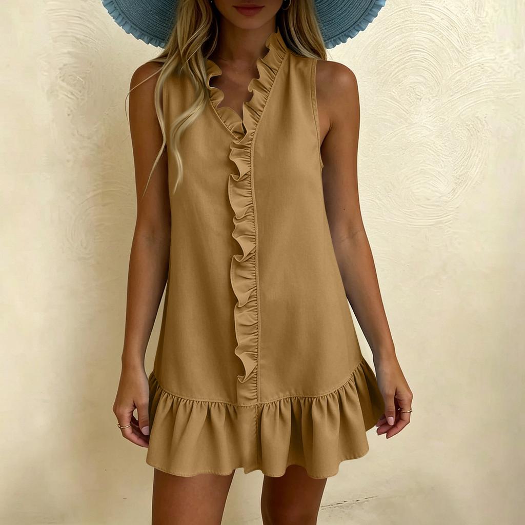 Women's Summer Fashionable Color Sexy V-neck Sleeveless Casual Cotton Linen Ruffle Edge Dress