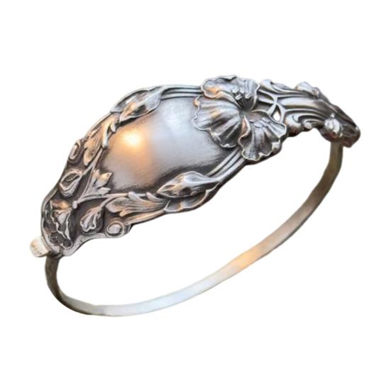Handmade Sterling Spoon Bangle Floral Pattern Opening Bangle Boho Style Handle Cuff Jewelry Accessories