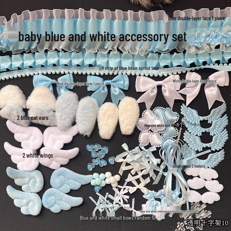 Sada na zdobení držáku na karty DIY s krajkovým lemováním Modrá stuha - Obsahuje skládací podpěrku, držák na odznáček s knoflíkem a materiály pro Ita tašku.