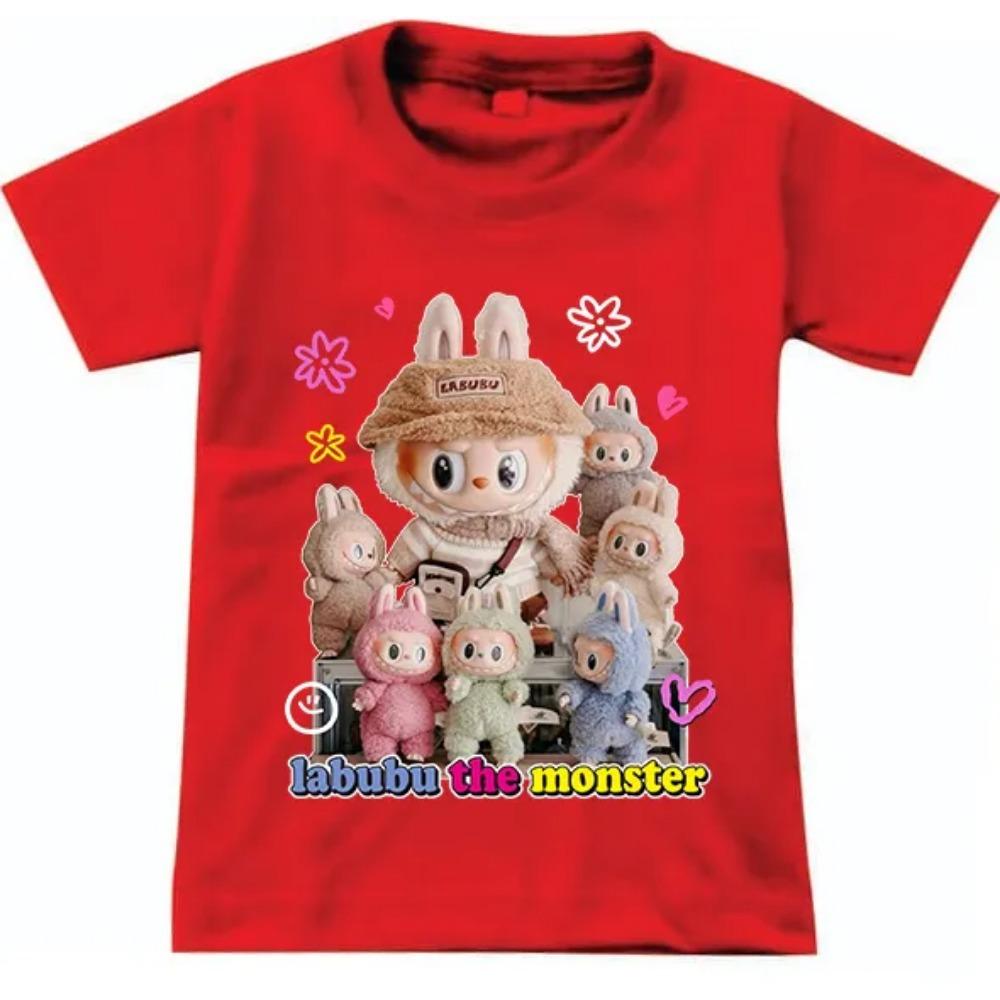 

Новая детская футболка Labubu с рисунком монстра LABUBU для девочек, с круглым вырезом, с короткими рукавами, повседневная, универсальная одежда 100