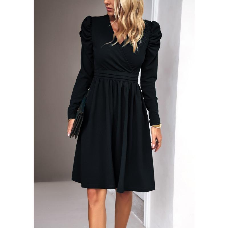 Women's Elegant Sold Color V-neck Long Sleeve Dress