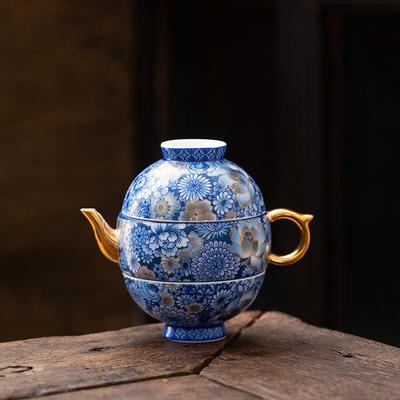 Porcelain Blue & White Travel Tea Set: Teapot & Two Cups with Portable Bag for Outdoor Use