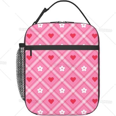 Cute Love Heart Pink Lunch Bag for Women Men Valentine's Day Theme Reusable Insulated Cooler Box for Work Office Picnic
