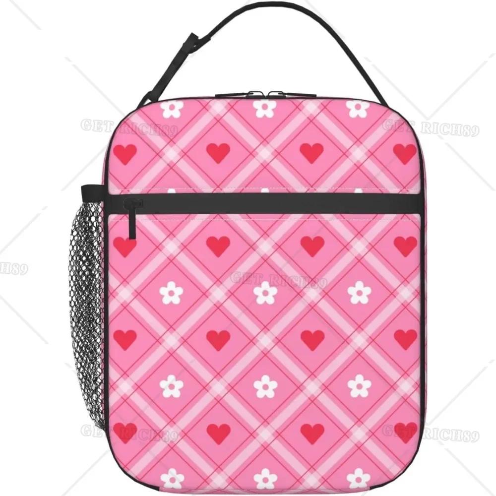 

Cute Love Heart Pink Lunch Bag for Women Men Valentine s Day Theme Reusable Insulated Cooler Box for Work Office Picnic 26x21x11CM темно-сірий колір