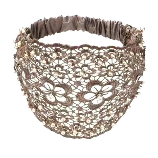 Krajková čelenka zdobená umělými perlami Dámská vysoce elastická široká vlasová gumička s designem pětilisté květiny Vlasové doplňky