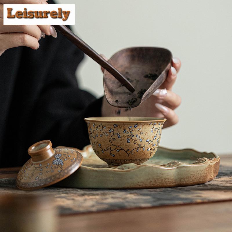 Blue And White Entwined Lotus Travel Tea Set Designer Dunhuang Frescoes Set Of Cups Portable Camping Ceramic Kung Fu Teaset Gift