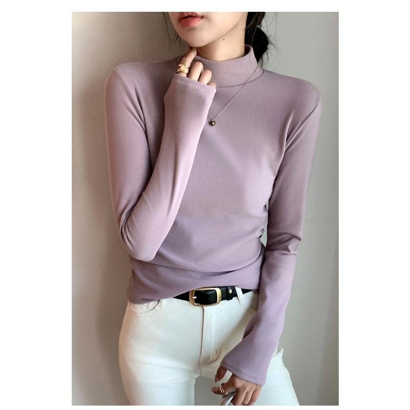 Women Half High Neck Solid Thickened Warm Fleece Lined Long Sleeve Bottoming Top