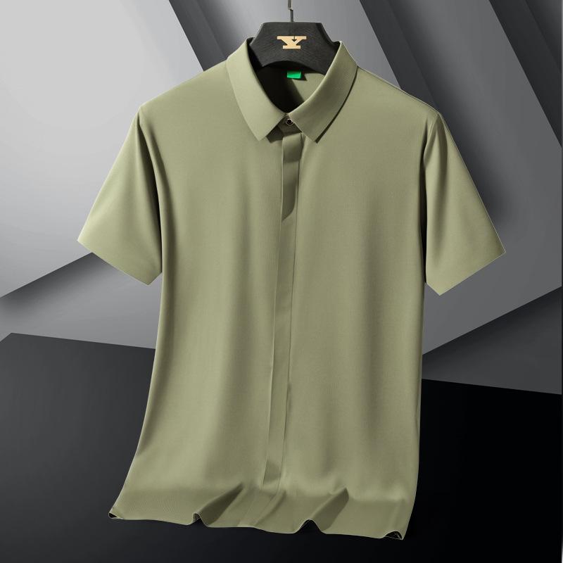 Ice Silk Men's Shirt Short Sleeved Summer Thin Stretch Middle-aged and Young Slim Fit Non Ironing Shirt