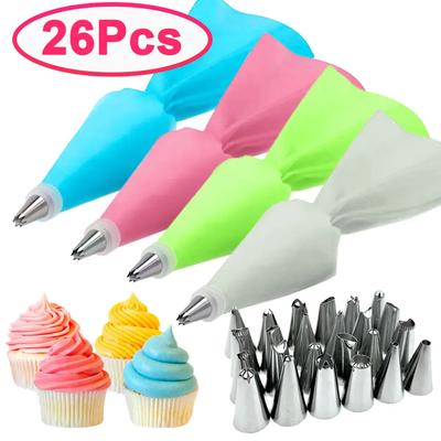New 8/26Pcs/Set Silicone Pastry Bag Tips Kitchen Cake Icing Piping Cream Cake Decorating Tools Reusable Pastry Bags+24 Nozzle Se