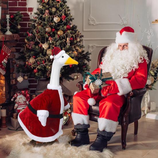 Santa Claus Goose Outfit Christmas Porch Goose Costume Festive Clothes And Hat for 23" High Cement or Plastic Goose Lawn Patio Garden Decor