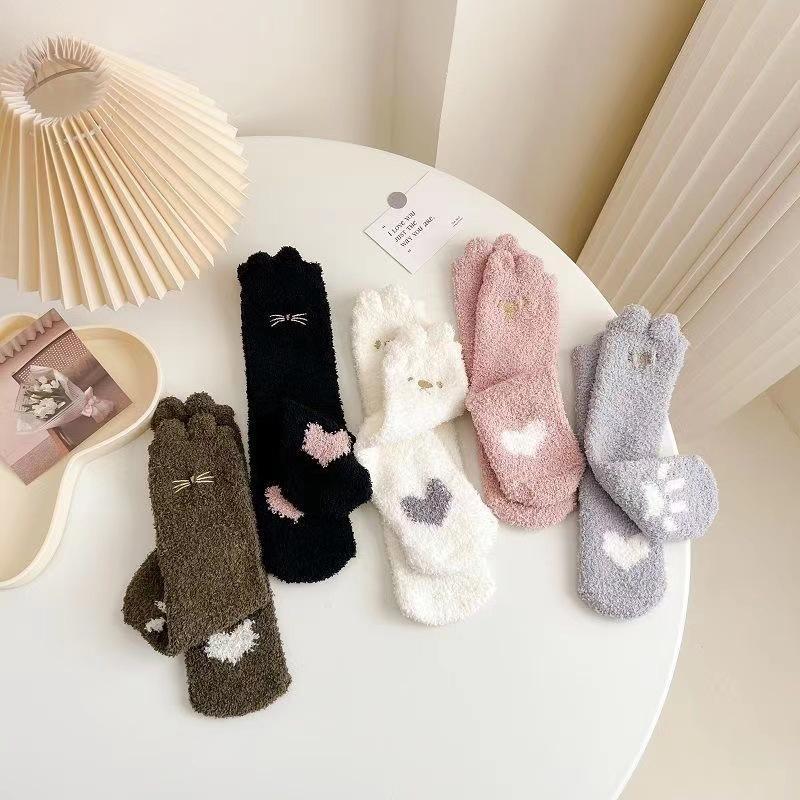 10 Pairs of Ladies Autumn Winter Thickened Warm Cat PAWS Stereo Small Ears Coral Wool Home Floor Socks